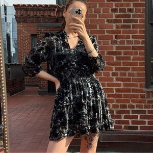 Black Floral Smocked Waist Mini Dress